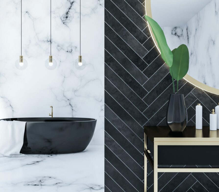 Black freestanding bathtub with marble walls